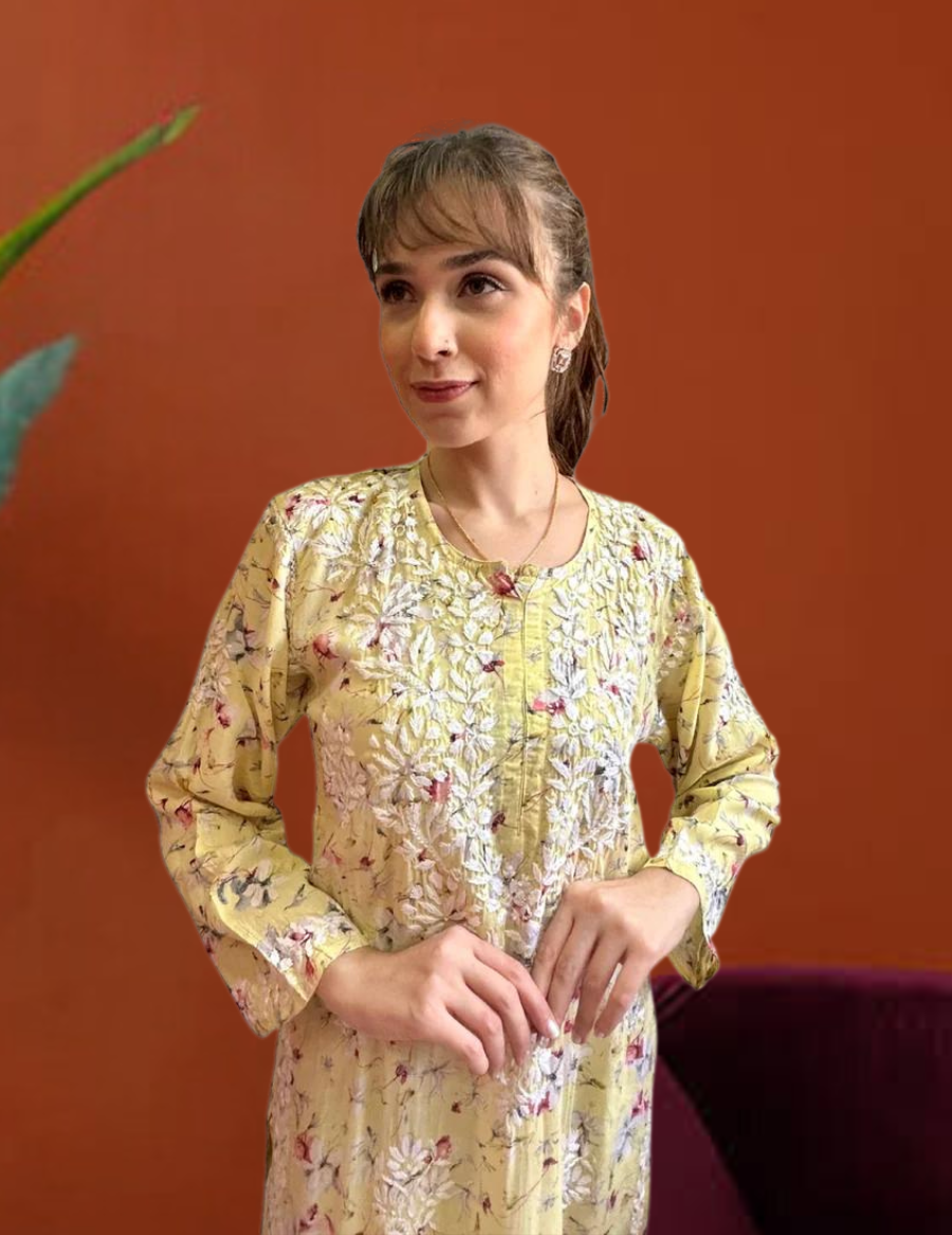 淡黄色 Chikankari Kurti 套装