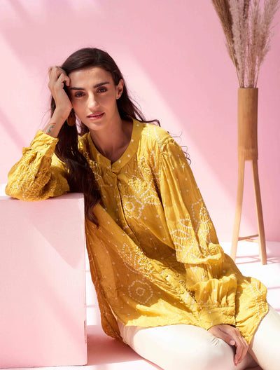 Mustard Bandhej Button Down Shirt