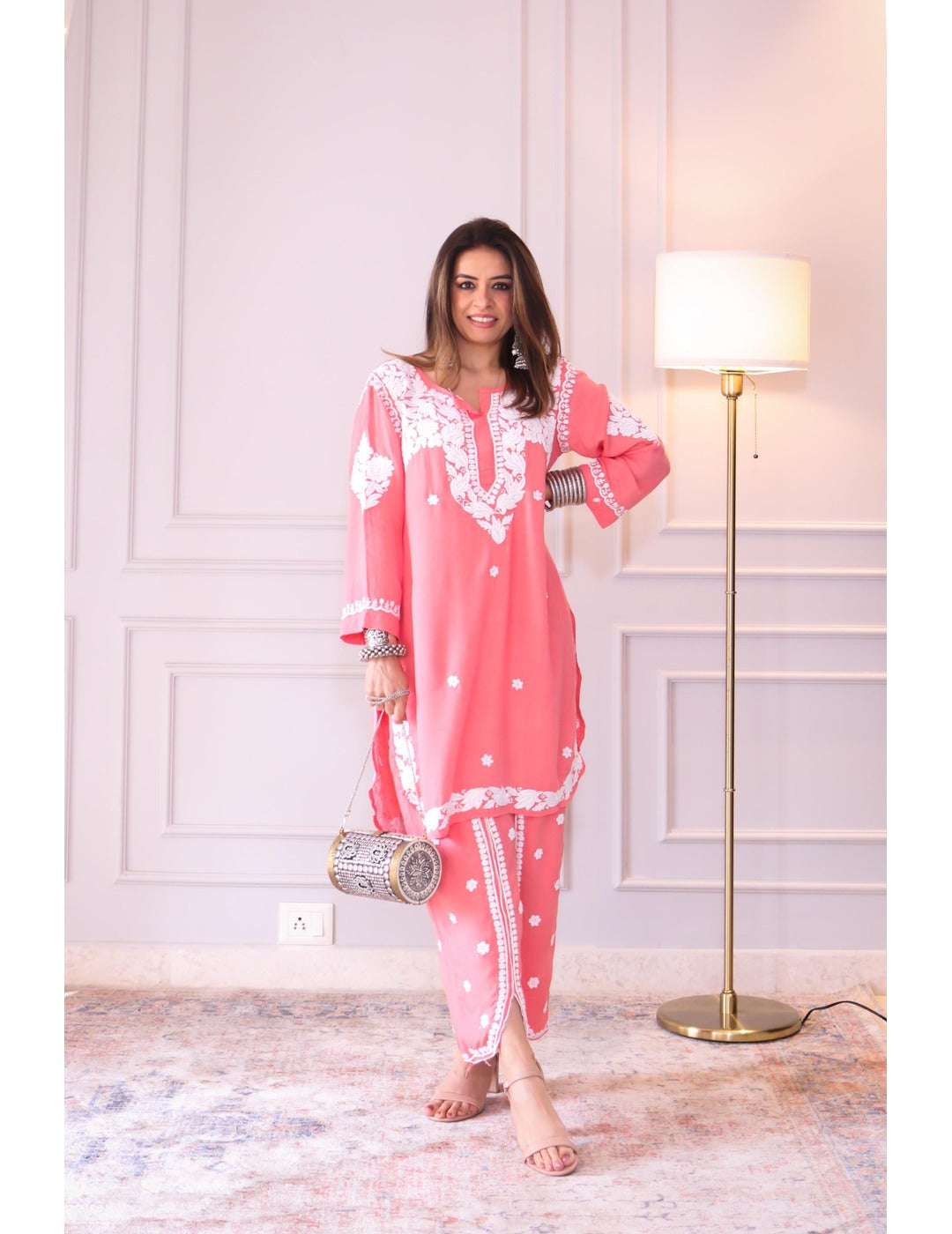 Peachy Pink Modal Chikankari Set