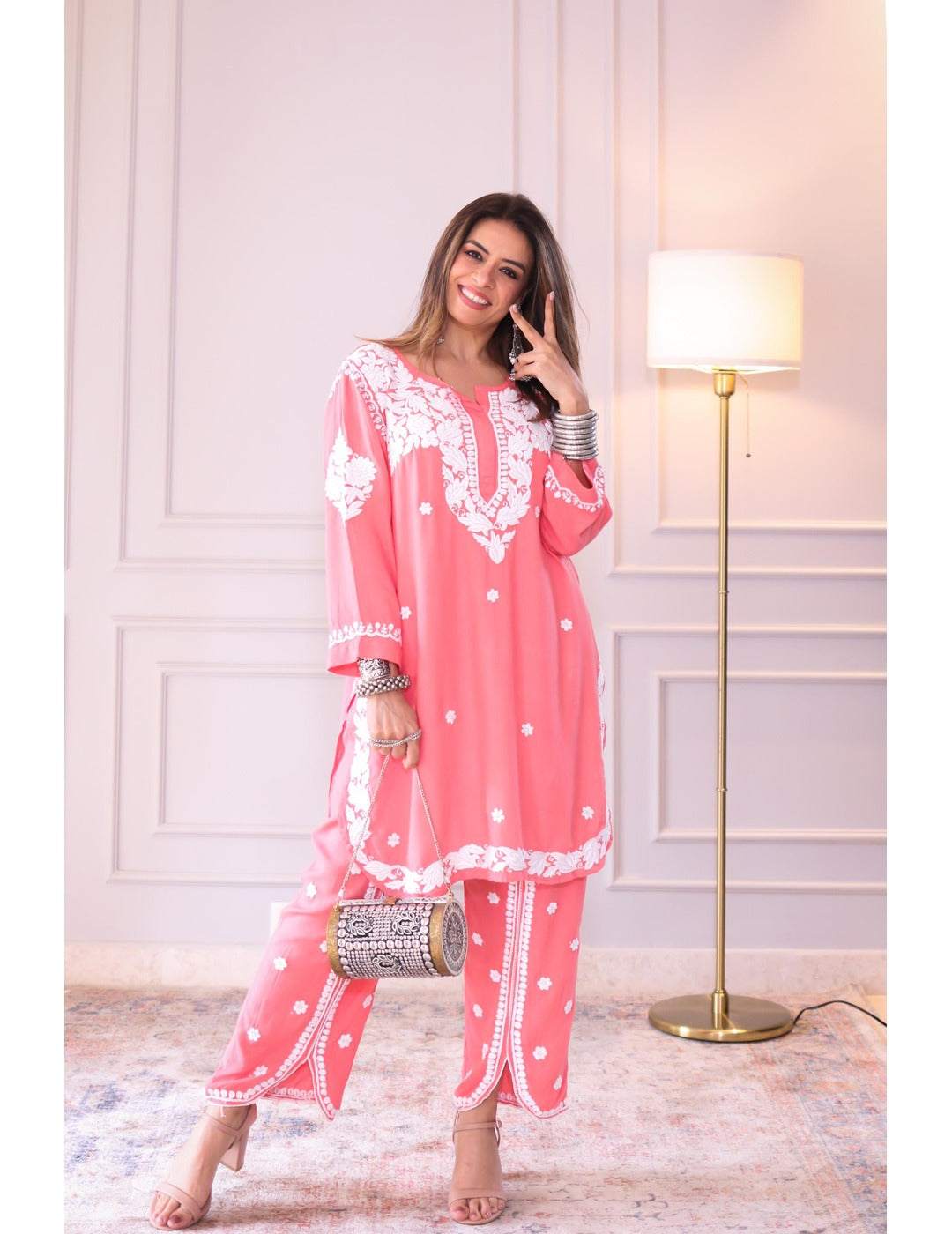 Peachy Pink Modal Chikankari Set