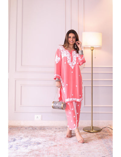 Peachy Pink Modal Chikankari Set