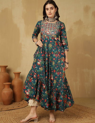 Floral Printed Thread Work Cotton Tiered Anarkali Kurta