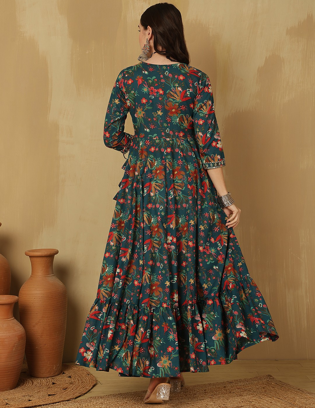 Floral Printed Thread Work Cotton Tiered Anarkali Kurta
