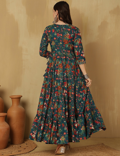Floral Printed Thread Work Cotton Tiered Anarkali Kurta