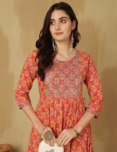 Floral Printed Gotta Patti Work V-Neck Pure Cotton Anarkali Kurta