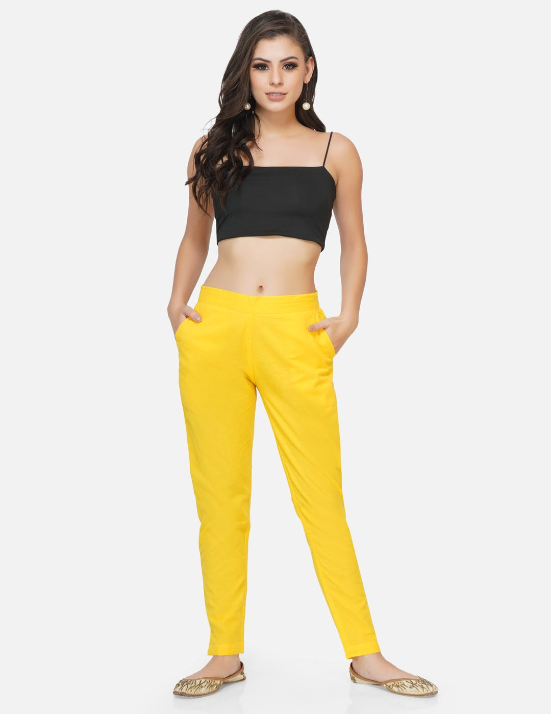 Yellow cotton solid tapered pants