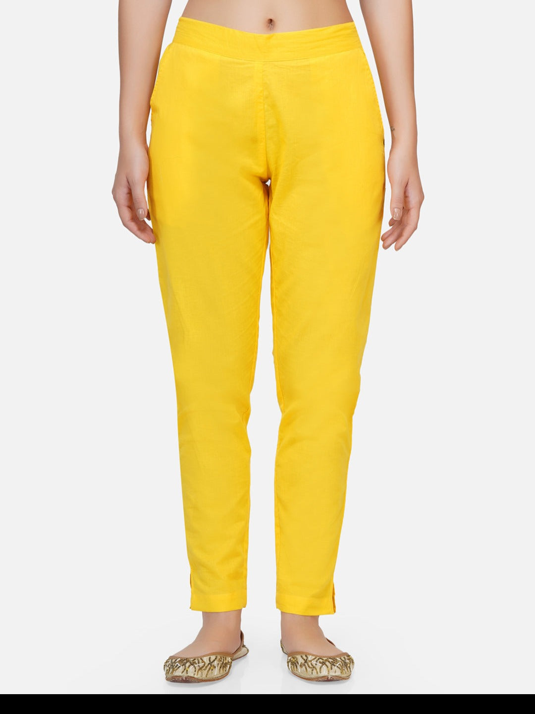 Yellow cotton solid tapered pants