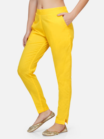 Yellow cotton solid tapered pants