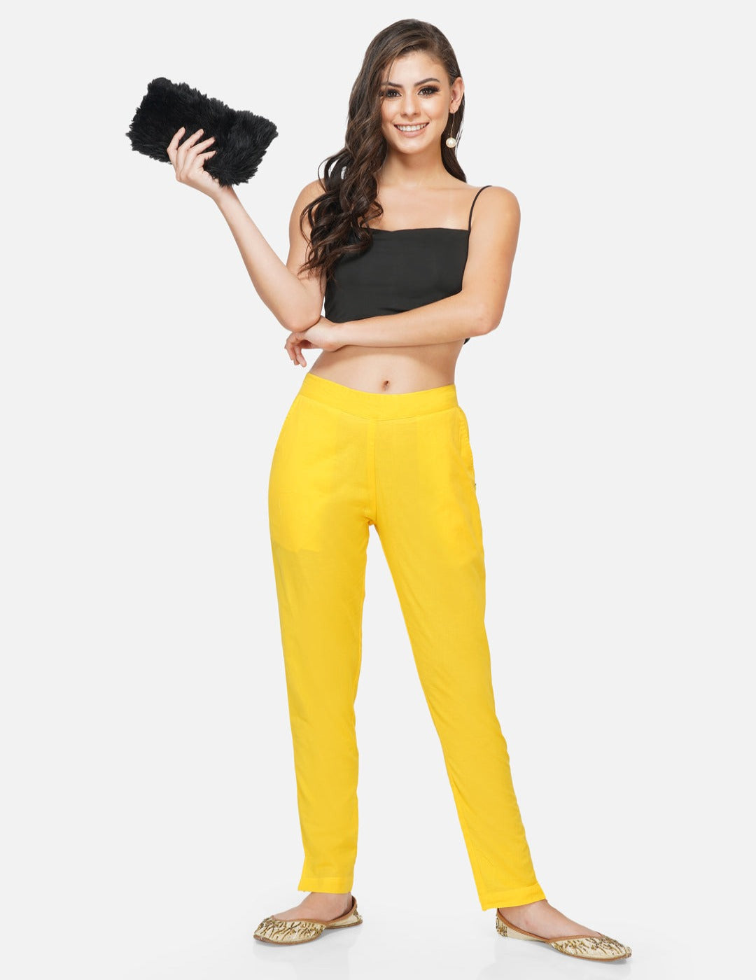 Yellow cotton solid tapered pants