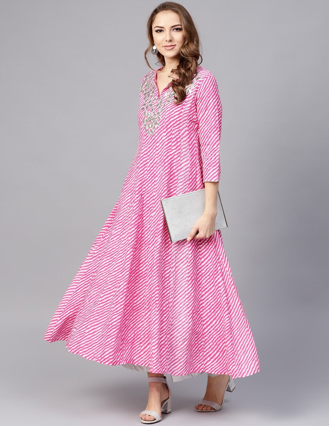 Pink Leheriya Printed Anarkali Kurti