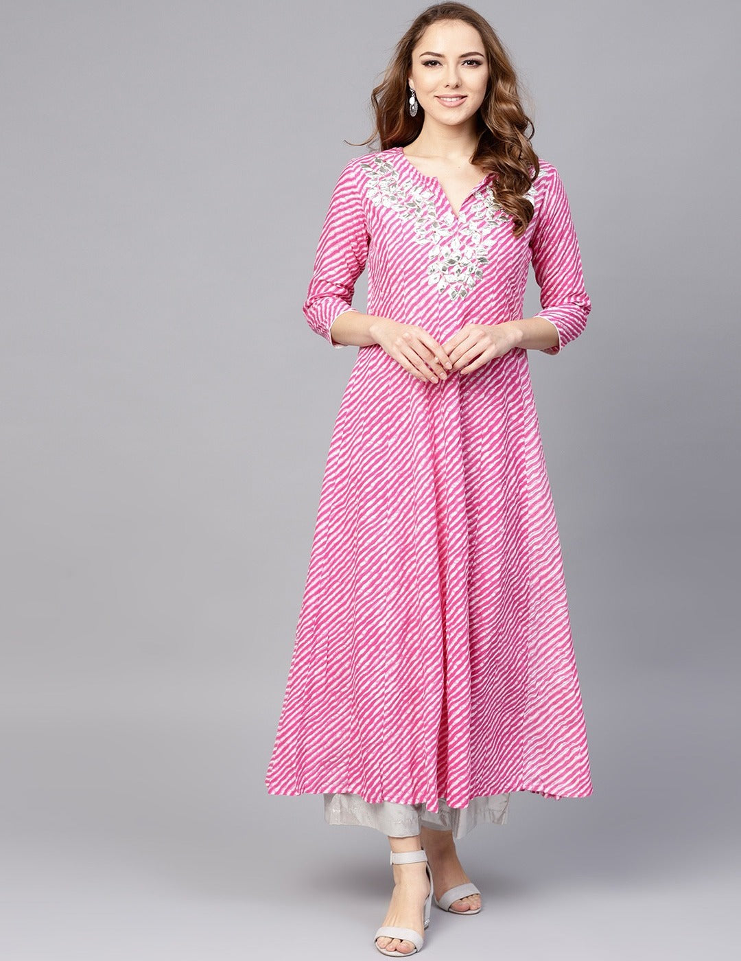 Pink Leheriya Printed Anarkali Kurti