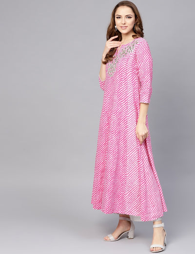 Pink Leheriya Printed Anarkali Kurti