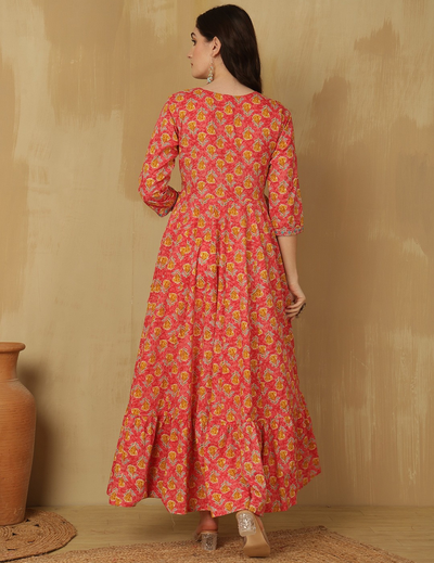 Floral Printed Gotta Patti Work V-Neck Pure Cotton Anarkali Kurta