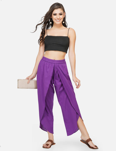 Cotton purple solid overlapping dhoti style pants