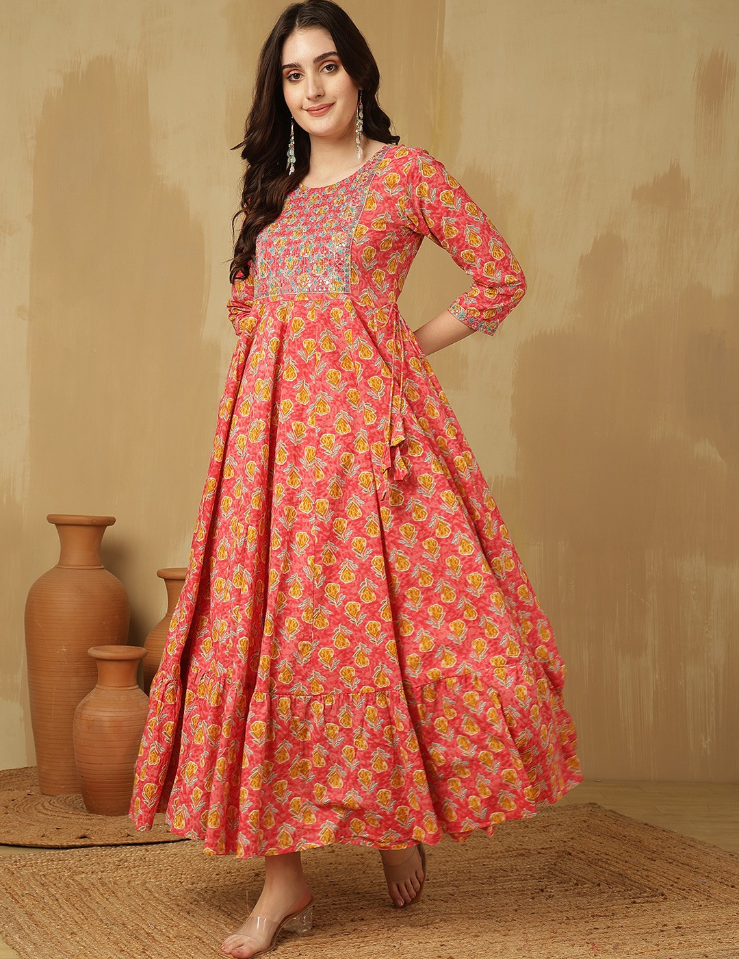 Floral Printed Gotta Patti Work V-Neck Pure Cotton Anarkali Kurta