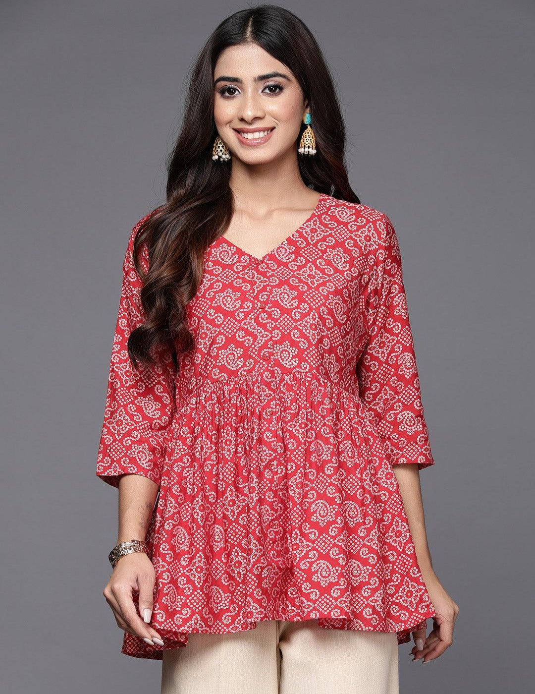 Red Bandhani Peplum Top for women