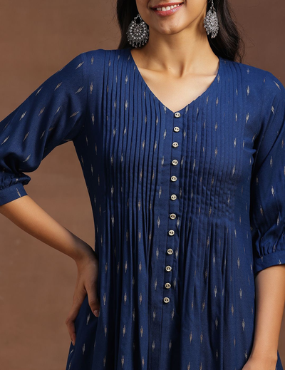 Blue Woven Design Cotton Blend A-line Kurti