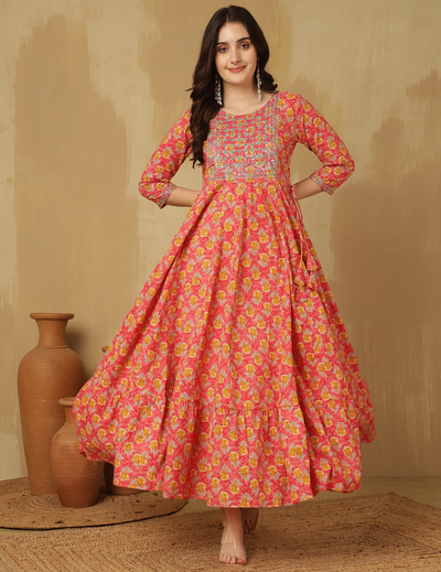 Floral Printed Gotta Patti Work V-Neck Pure Cotton Anarkali Kurta