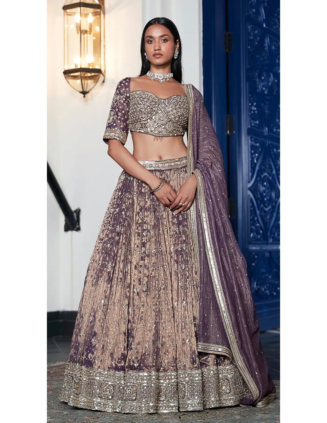 Purple Tissue Embroidered Lehenga Set