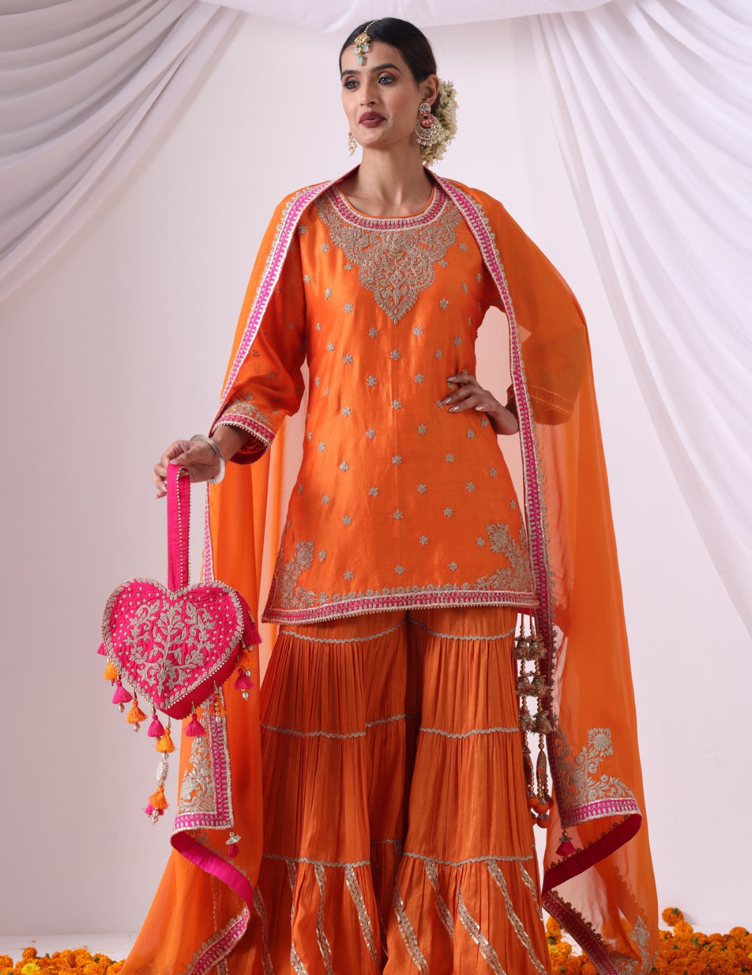 Noor Orange Gharara Set with Embroidered Kurti & Dupatta