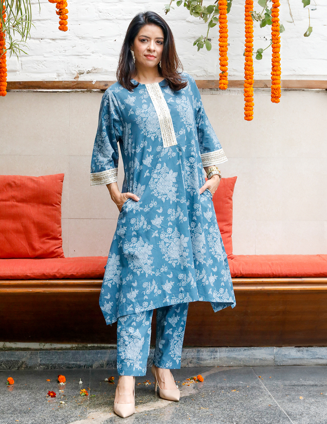 Blue Cotton Khadi Kurta With Pants