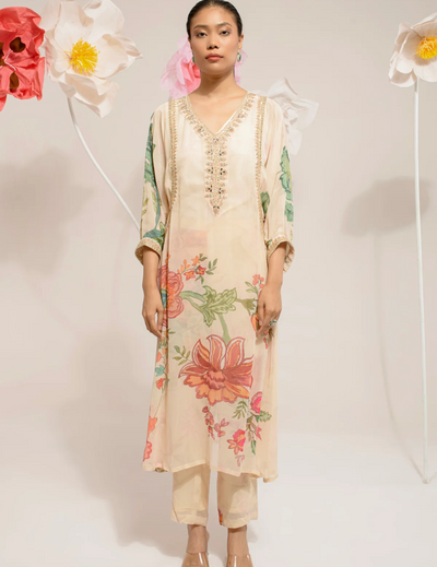Cream Digital Print Kurta Set