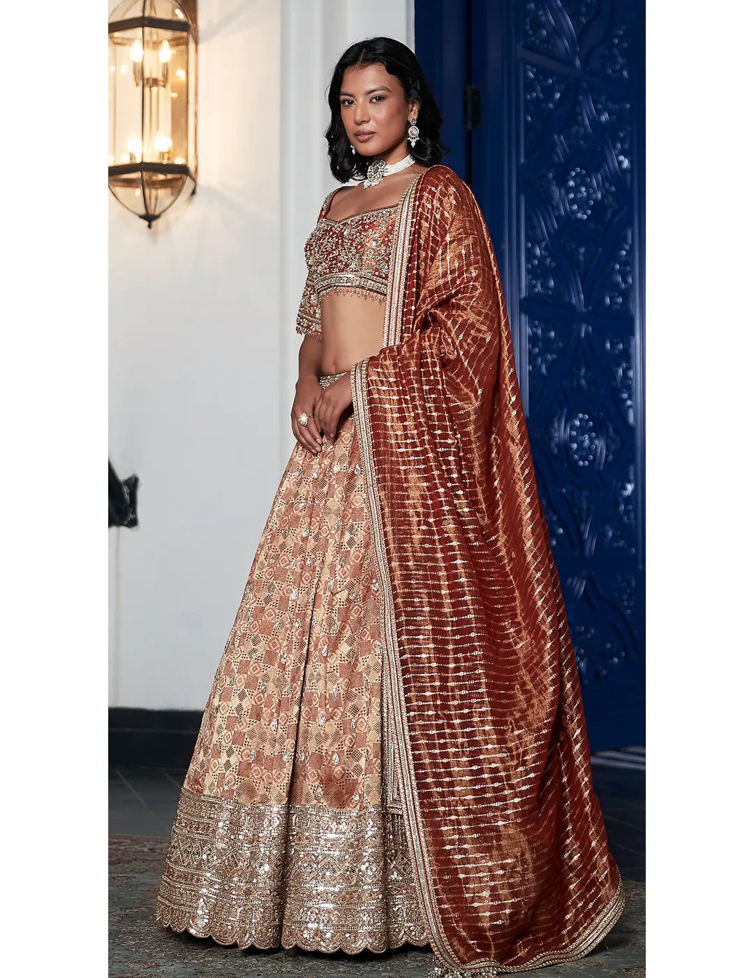 Rust Banarasi Weave Embroidered Lehenga Set