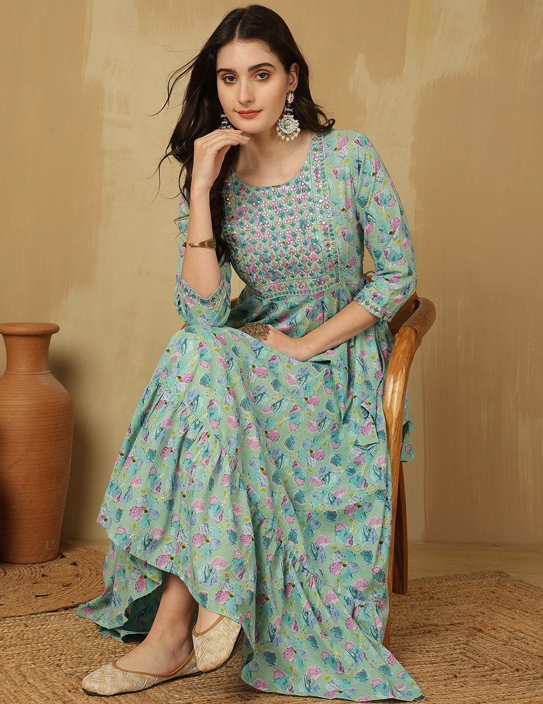 Green Floral Print Anarkali Kurta