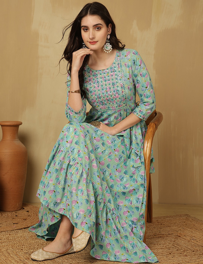 Green Floral Print Anarkali Kurta