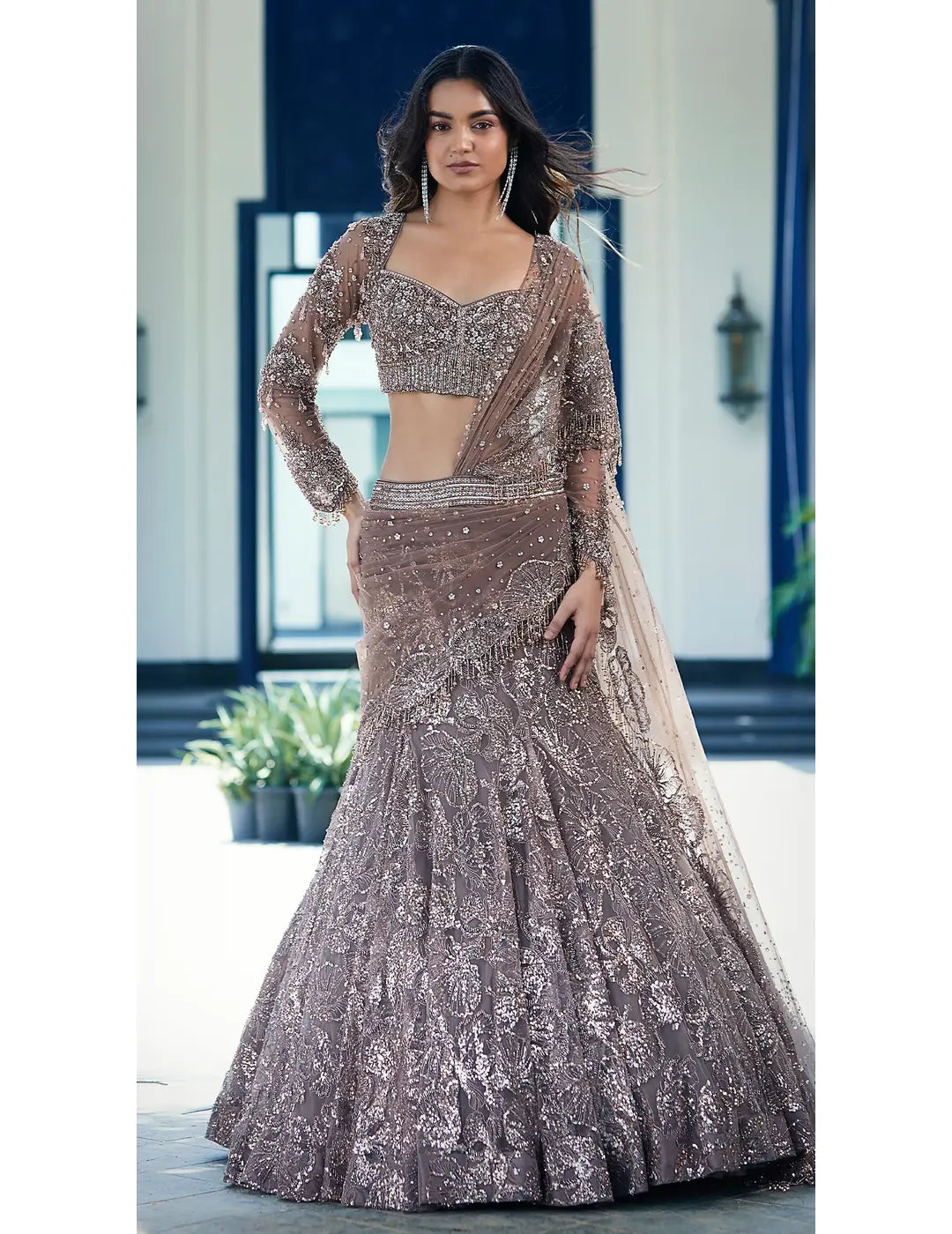 Rose Gold Net Embroidered Lehenga Set