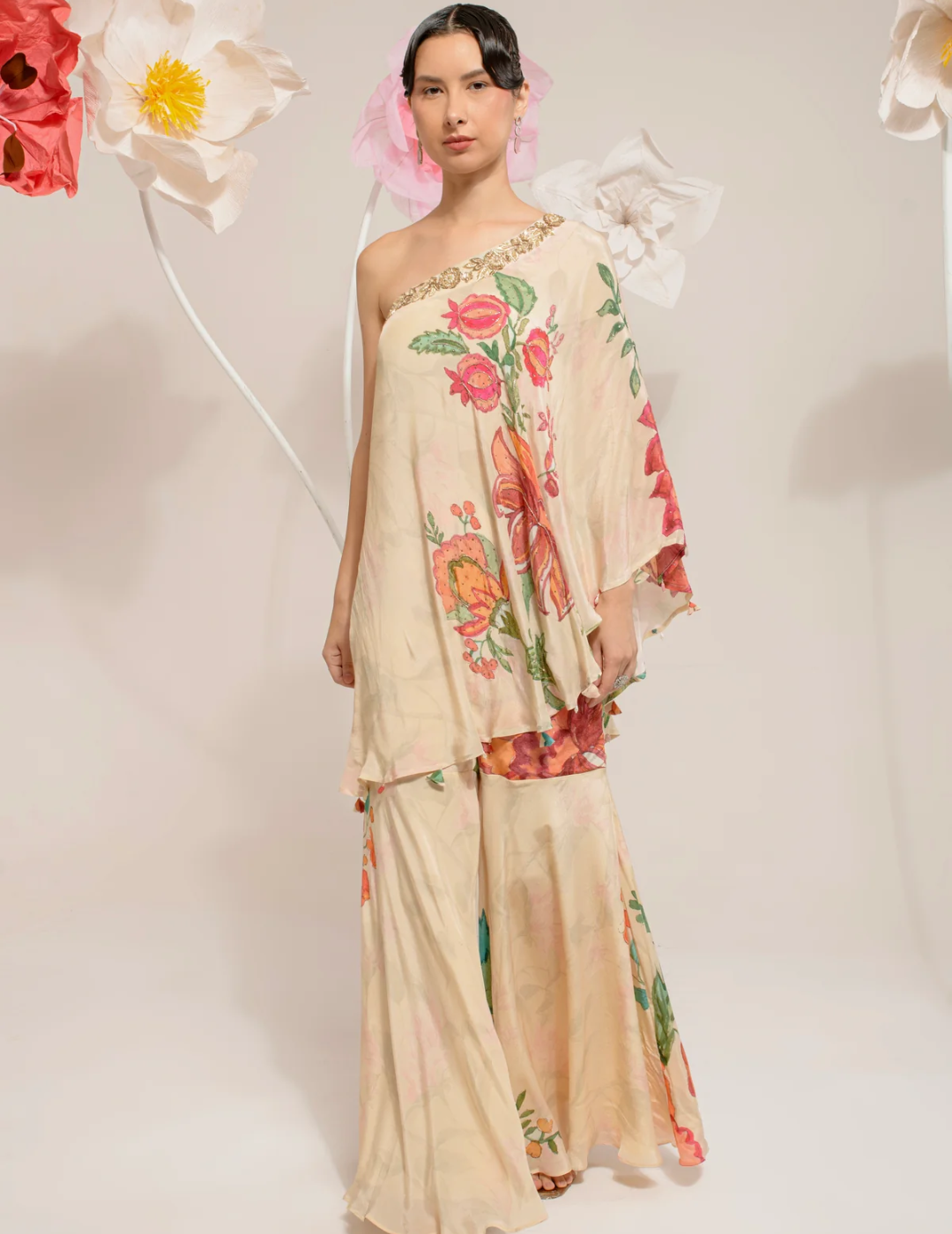Cream Digital Print One Shoulder Set