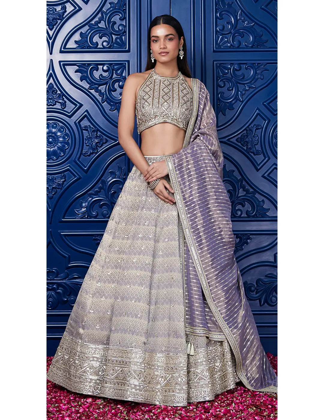 Mauve Tissue Embroidered Lehenga Set