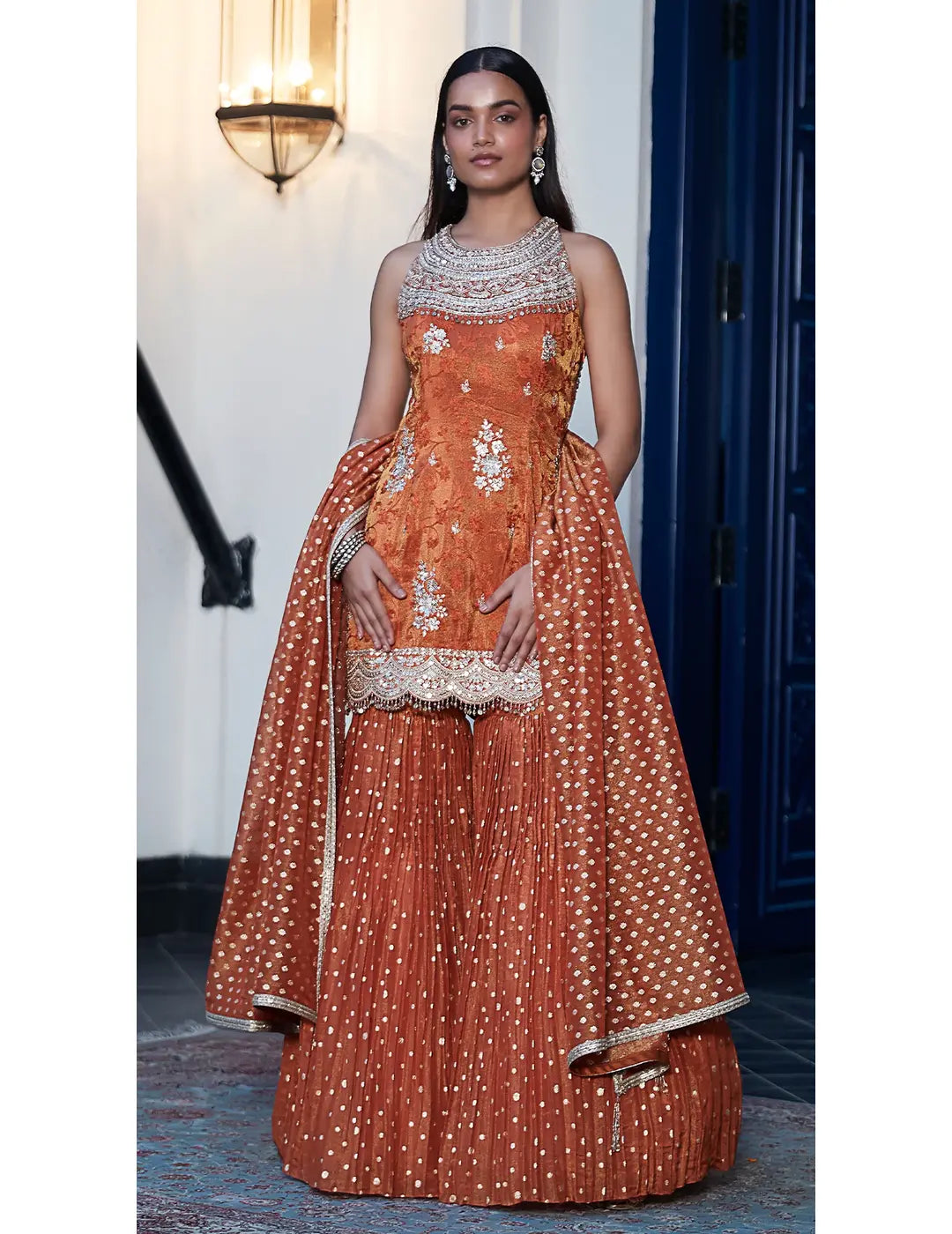 Rust Tissue Embroidered Sharara Set