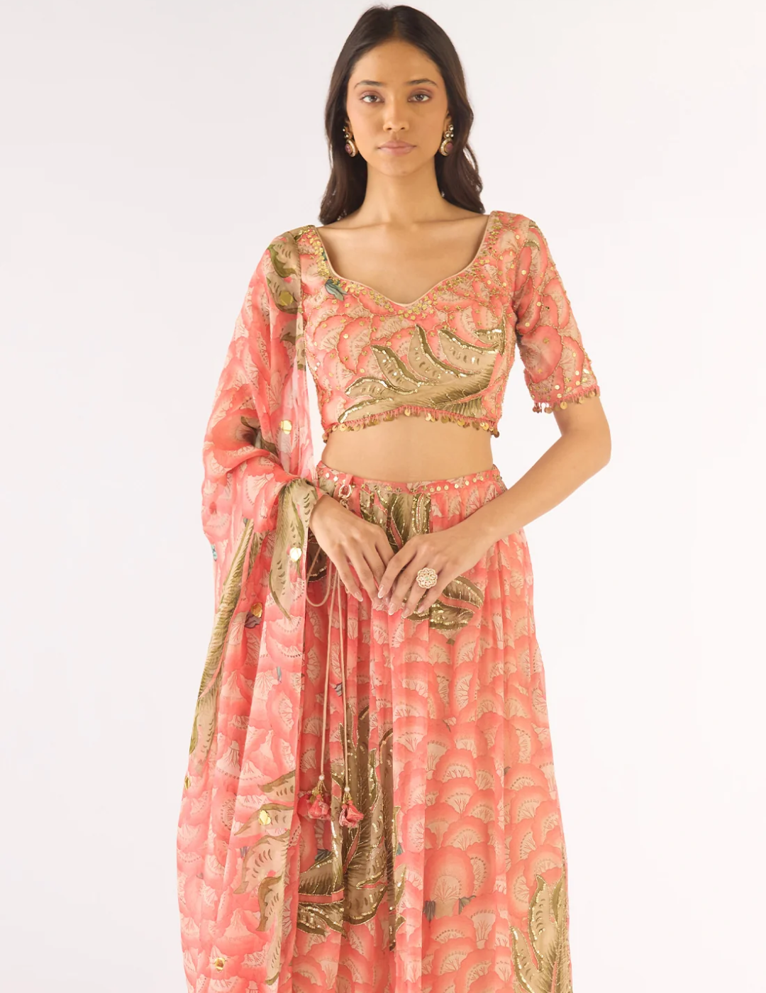 Peach Organza Embroidered Lehenga Set