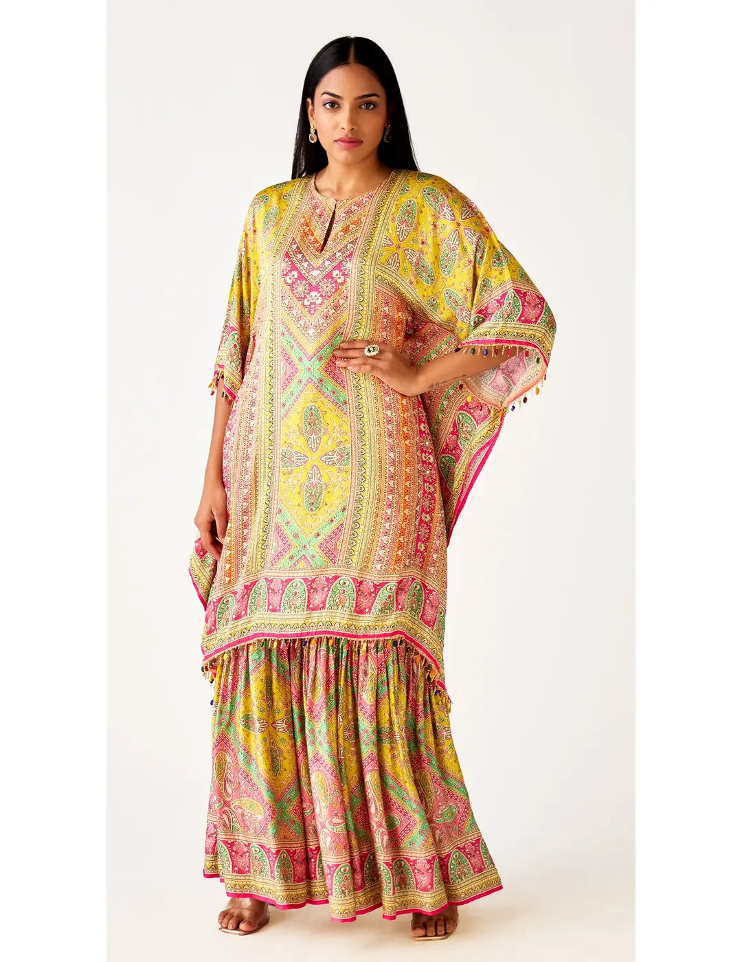 Multi Satin Embroidered Kaftan Co-Ord Set