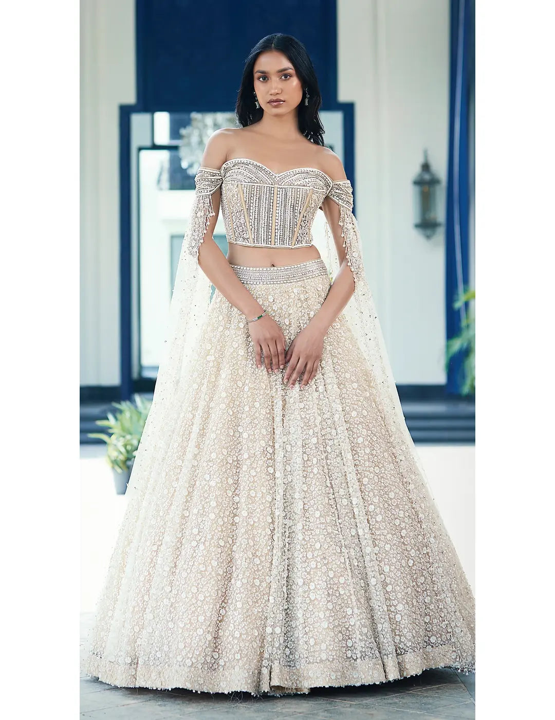 Beige Sequins Net Embroidered Lehenga Set