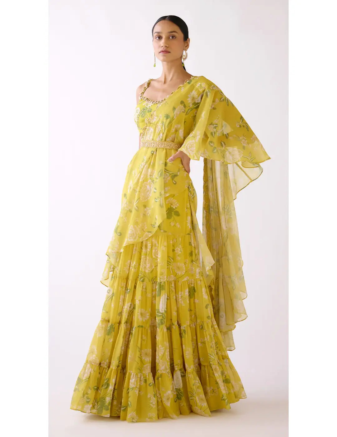 Yellow Embellished Floral Draped Saree