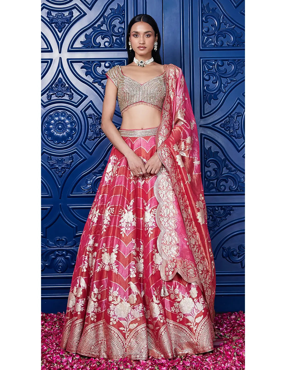 Pink Banarasi Weave Embroidered Lehenga Set