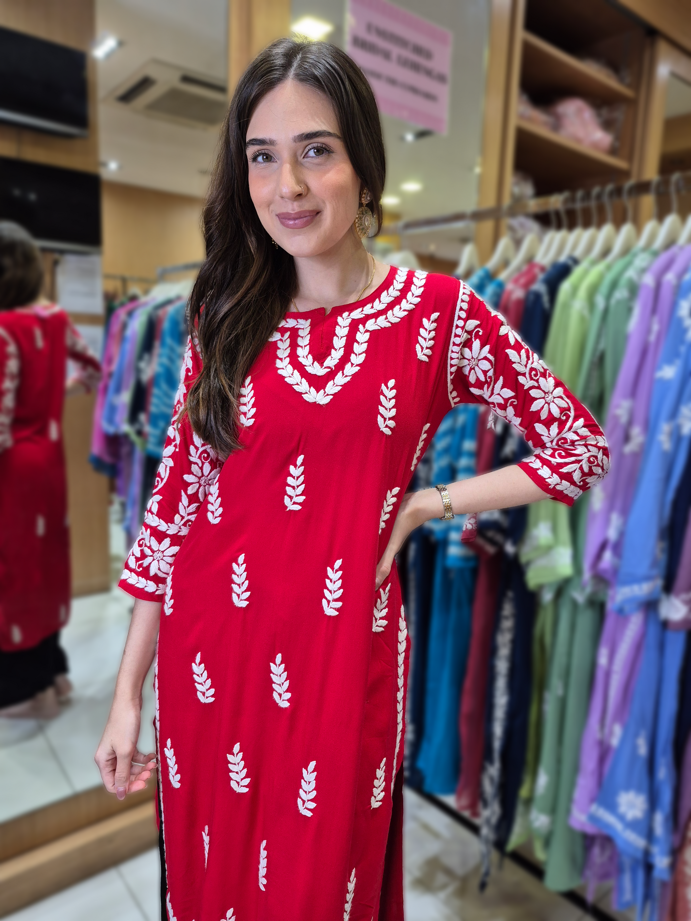 Red Chikankari Straight Kurta