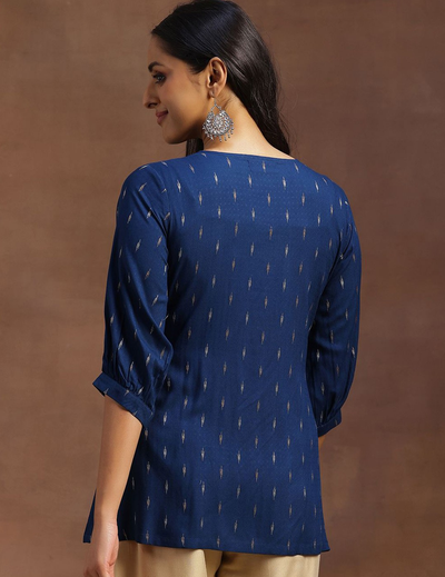 Blue Woven Design Cotton Blend A-line Kurti