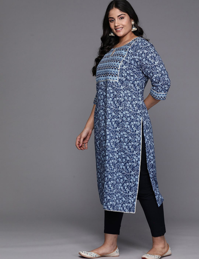 Blue Yoke Design Cotton Straight Kurta