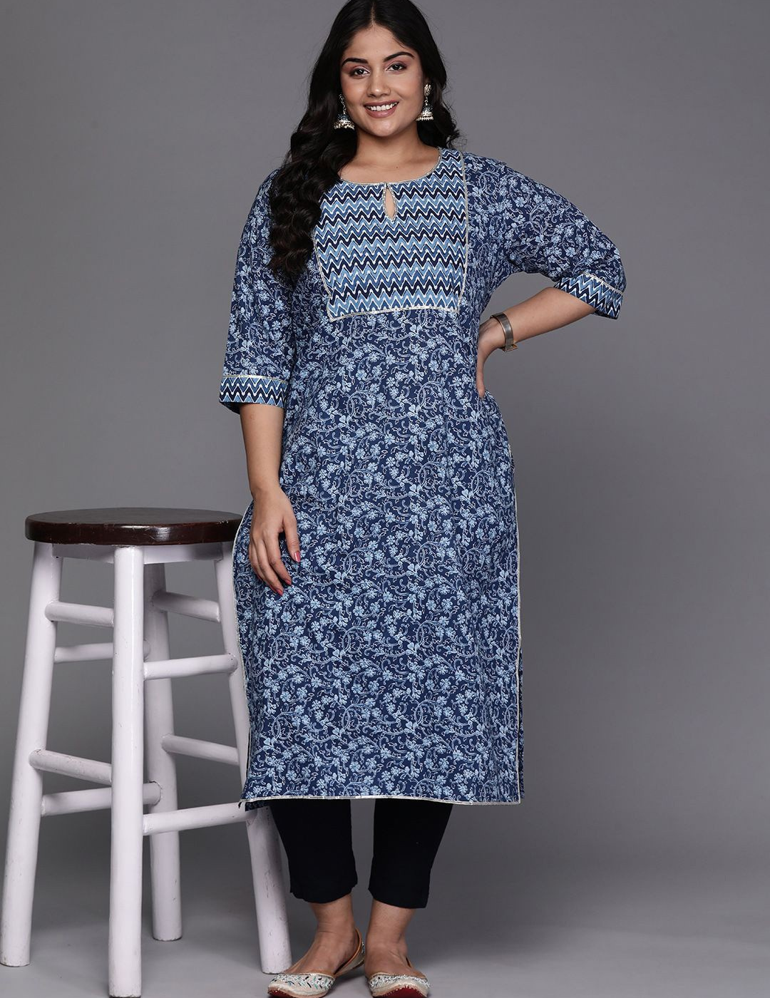 Blue Yoke Design Cotton Straight Kurta