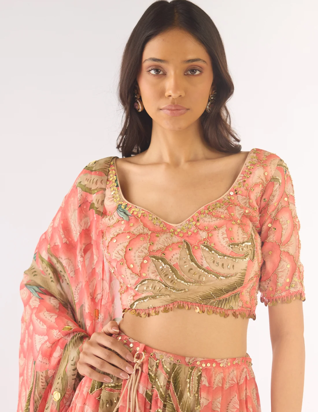 Peach Organza Embroidered Lehenga Set