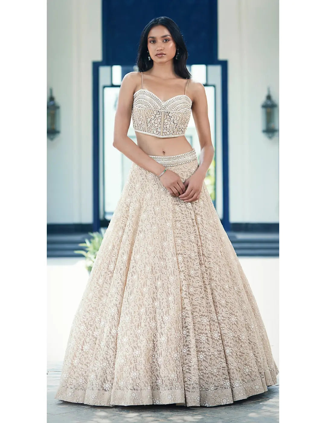 Beige Sequins Net Embroidered Lehenga Set