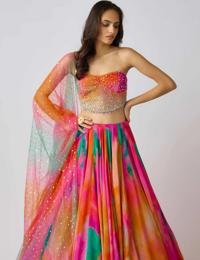 Pink Chinon Embroidered Lehenga Set