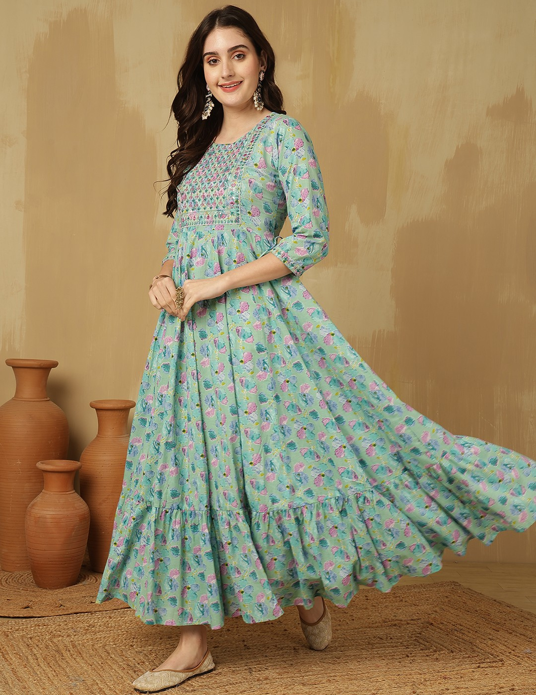 Green Floral Print Anarkali Kurta