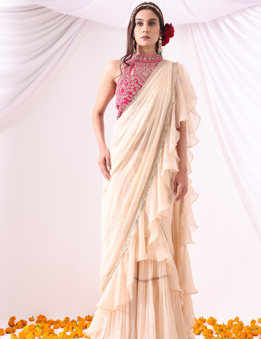 Beige Draped Saree with Magenta Halter Blouse
