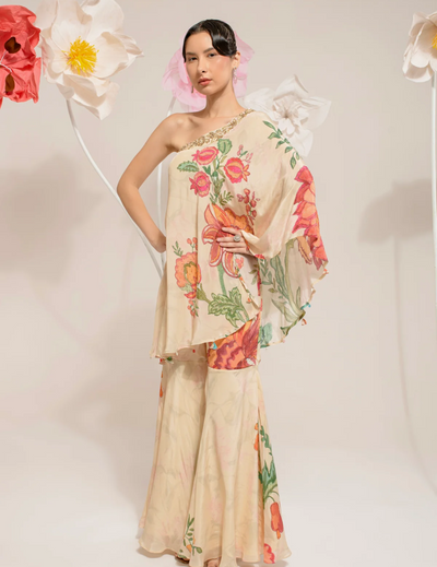 Cream Digital Print One Shoulder Set