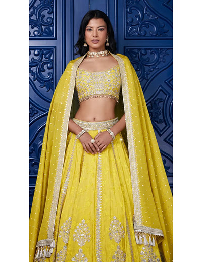 Yellow Tissue Silk Embroidered Lehenga Set