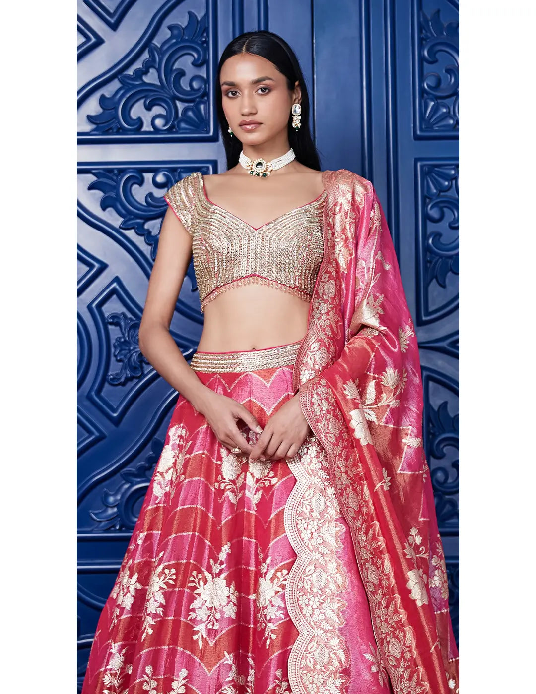 Pink Banarasi Weave Embroidered Lehenga Set